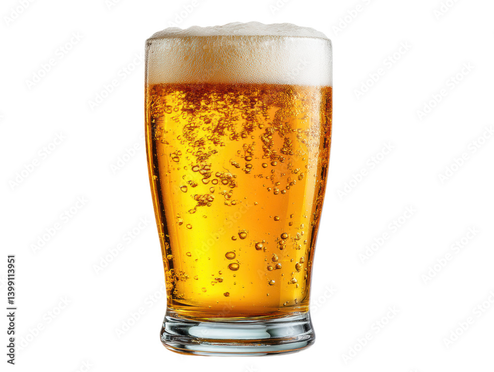 isolated transparent Background. glass of golden beer with frothy head, showcasing bubbles and refreshing appeal isolated transparent Background. glass of golden beer with frothy head, showcasing bubbles and refreshing appeal