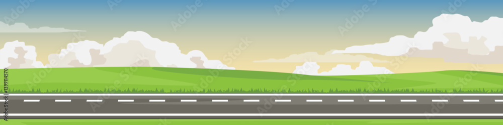 Fototapeta premium Banner background of horizontal or lanscape view of asphalt road. Background is a flat grassland and hills with white clouds and a calm evening sky.