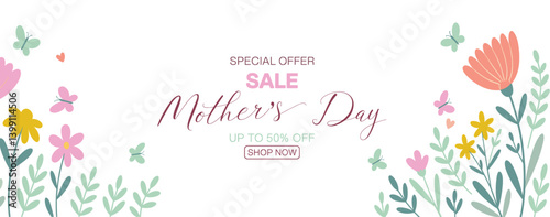 Mother’s Day sale banner with colorful flowers, butterflies, and elegant typography – promotional spring background for discounts, marketing ads, greeting cards, and online store campaigns
