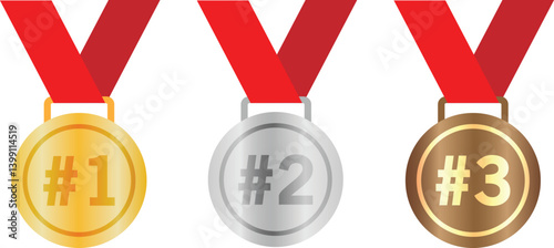 Gold, Silver, Bronze Medal Set Vector – 1st, 2nd, 3rd Place Award Icons with Blue Ribbons for sports apps and websites
