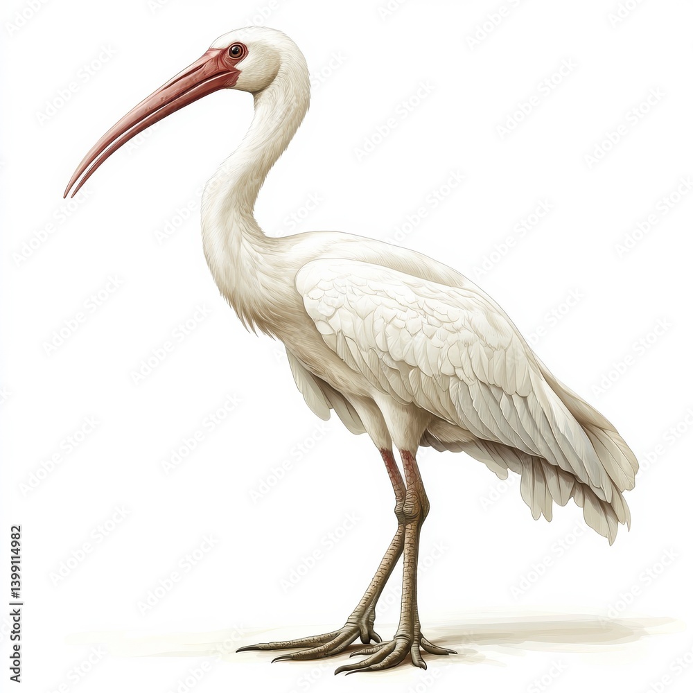 Obraz premium Elegant depiction of a white ibis, standing gracefully. The bird's long, curved beak and delicate feathers are beautifully rendered.