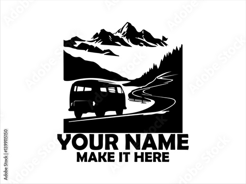 Vintage camper van driving along a winding mountain road amidst a scenic landscape with layered mountain silhouettes. Travel concept and camper van logo vector design