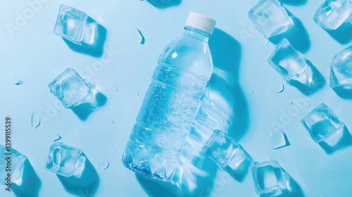 Cold drinking water bottle lying on blue ice cubes with droplets, bright copy space around.