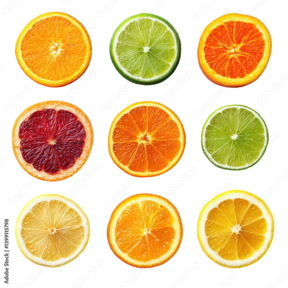 Fototapeta premium isolated transparent Background. Fresh citrus fruit slices display vibrant colors and textures, creating lively arrangement
