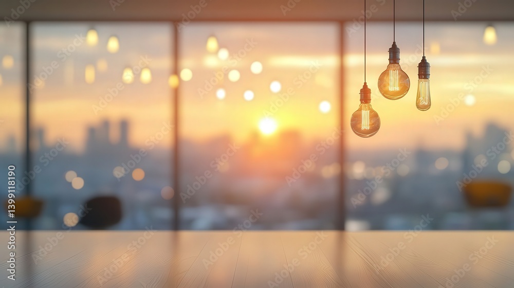 Fototapeta premium Blurred modern office interior with hanging light bulbs and panoramic cityscape view at sunset, ideal for creative work or innovative brainstorming.