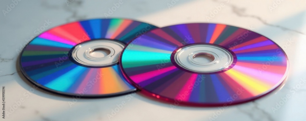 Pop art inspired CDs and DVDs sliding on a marble surface, pop art, design, discs Pop art inspired CDs and DVDs sliding on a marble surface, pop art, design, discs