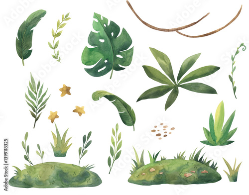 Watercolor tropical leaves and landscape elements illustration for kids
