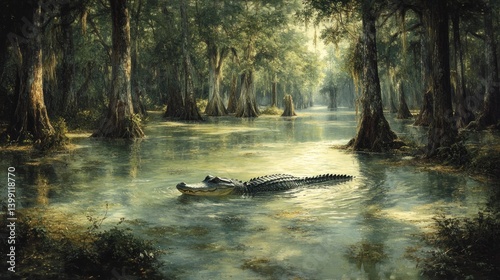 Serene Swamp: Alligator in Cypress Forest
