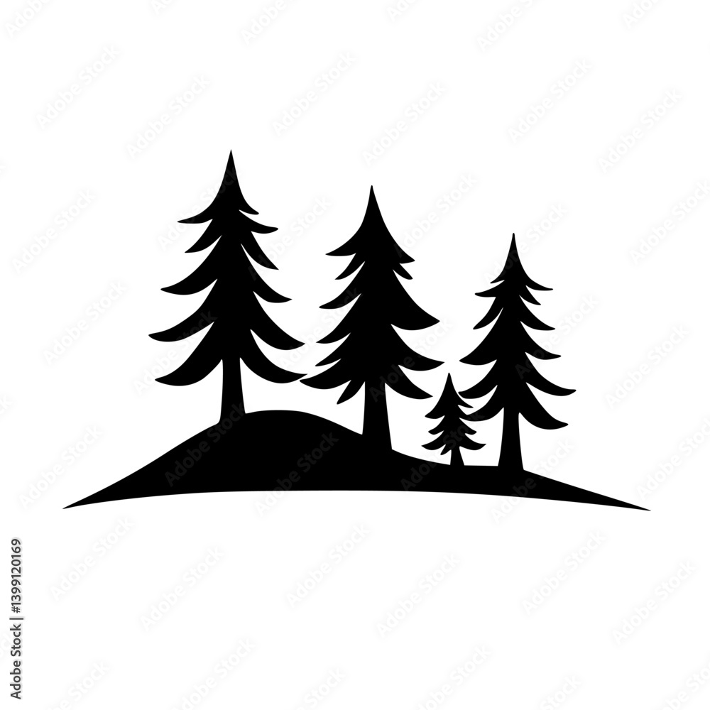 Obraz premium Minimalist Pine Tree Forest Silhouette, Black & White Illustration