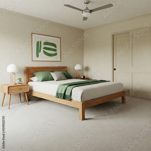 Wallpaper Mural Cozy bedroom with wooden bedframe, light beige walls, neutral carpet, and minimalist decor. Artwork and ceiling fan add style. Torontodigital.ca