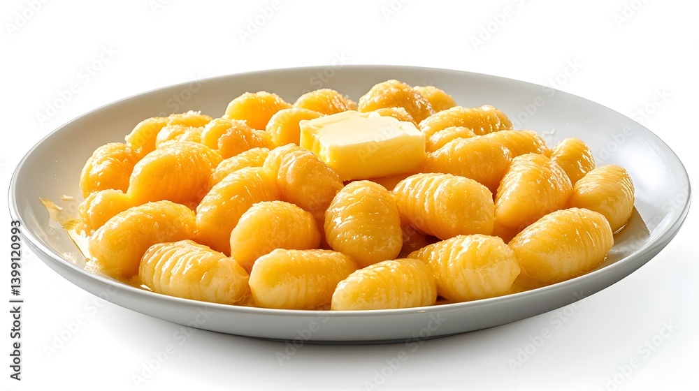 A plate of delicious homemade gnocchi with melted butter is presented on a white background for a food blog or cookbook. A plate of delicious homemade gnocchi with melted butter is presented on a white background for a food blog or cookbook.