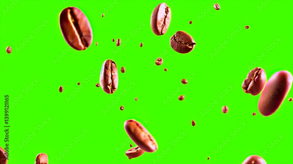 Granos de café volando y cayendo, en fondo verde croma. 