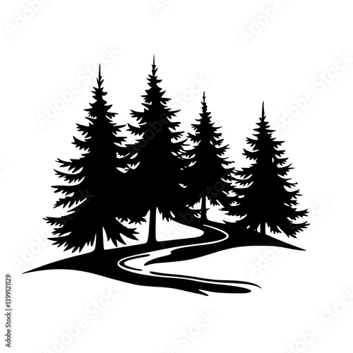 Silhouette Forest Scene: Black Spruce Trees & Winding Path