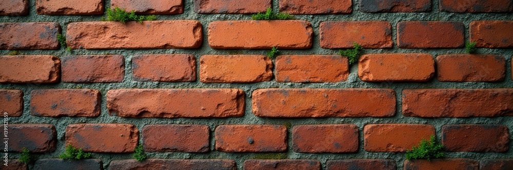 Rough textured brick wall with age-worn mortar and moss , stone, rough Rough textured brick wall with age-worn mortar and moss , stone, rough