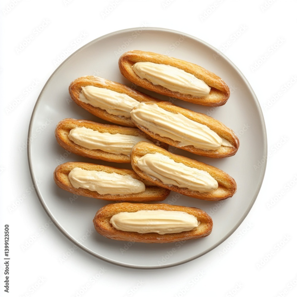 A top view of a plate of freshly baked eclairs with cream filling, isolated on a white background , A top view of a plate of freshly baked eclairs with cream filling, isolated on a white background ,