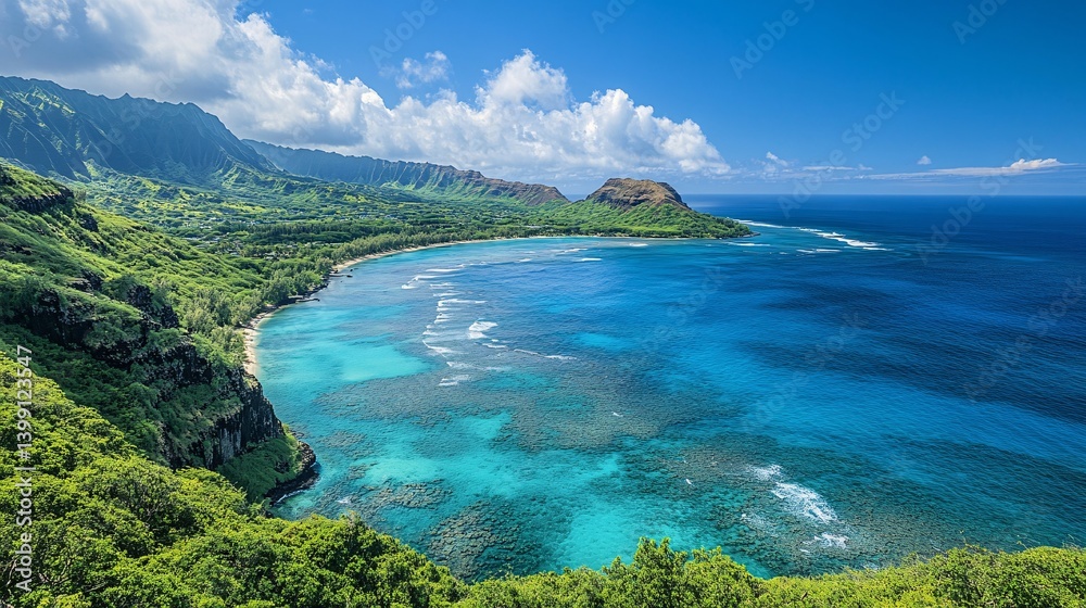 Fototapeta premium Tropical coastline view with lush green vegetation and clear turquoise water.