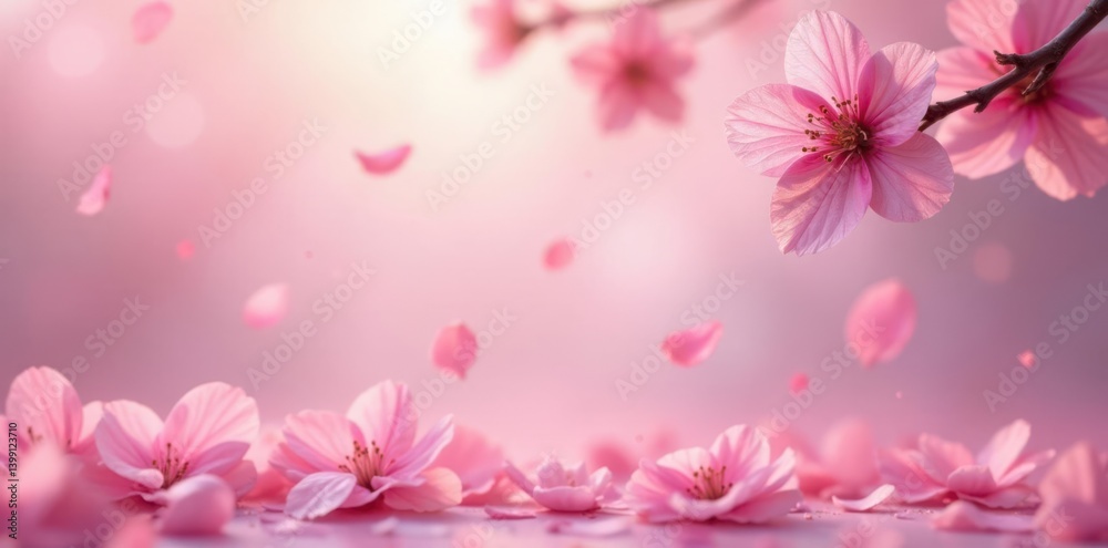 Fototapeta premium Soft focus image of pink sakura petals drifting down in a soft pastel environment, calming atmosphere, pastel colors, subtle movement