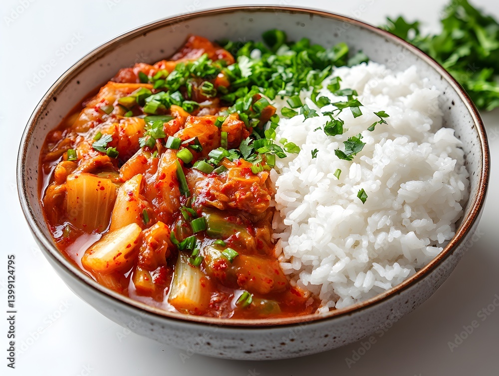 A delicious and spicy kimchi stew served with a side of fluffy white rice in a rustic bowl is perfect for a comforting meal. A delicious and spicy kimchi stew served with a side of fluffy white rice in a rustic bowl is perfect for a comforting meal.