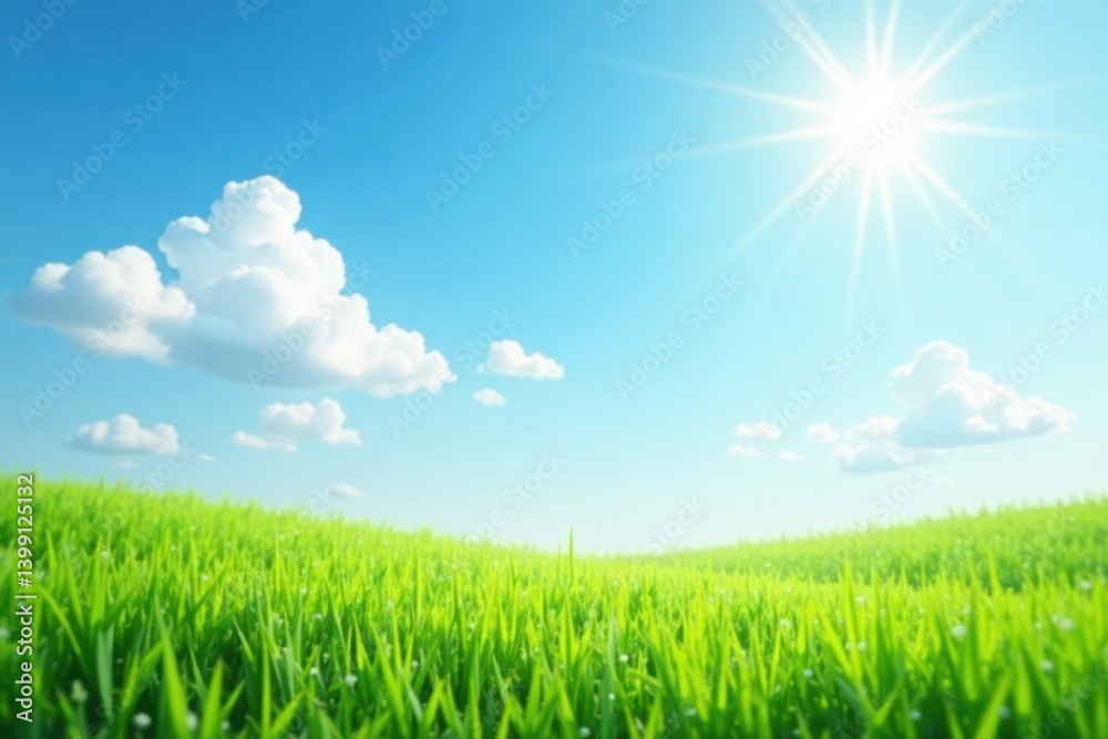 Softly lit fresh spring green grass under a sunny sky with fluffy white clouds, sunlight, peaceful Softly lit fresh spring green grass under a sunny sky with fluffy white clouds, sunlight, peaceful