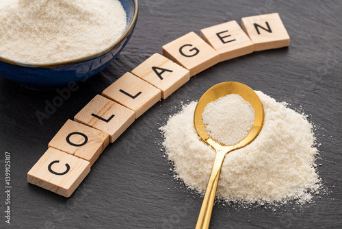 Hydrolyzed collagen protein in the bowl and spoon. photo
