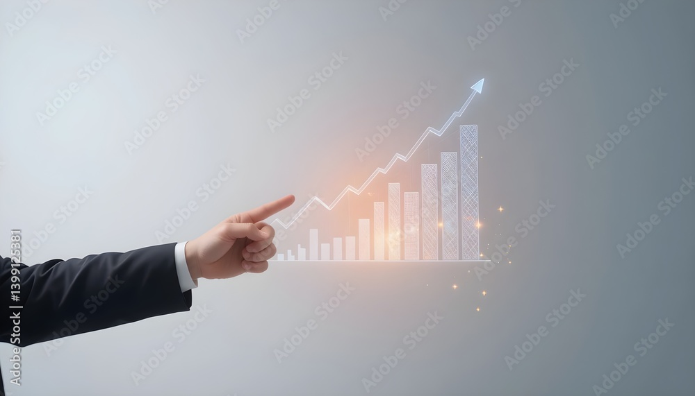 A person in a suit pointing at a bar graph with an upward trending arrow on a light gray background A person in a suit pointing at a bar graph with an upward trending arrow on a light gray background