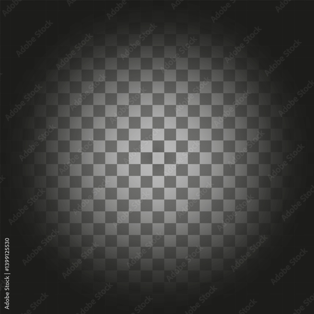 Centered light shape. Dark round gradient. Transparent vector glow. Checker pattern overlay.