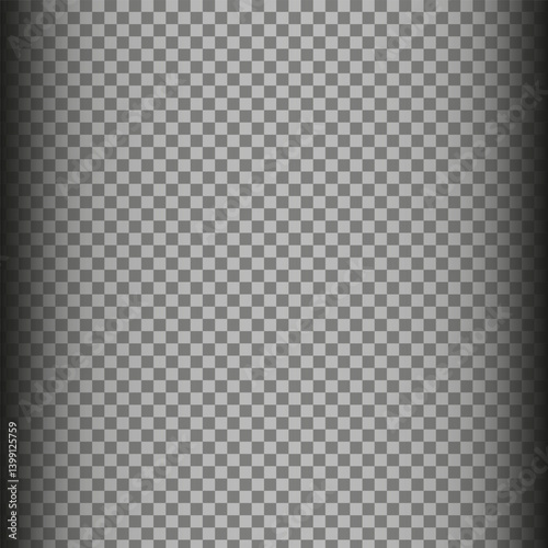 Vertical spotlight shape. Checkerboard overlay texture. Transparent light effect. Monochrome glow vector.