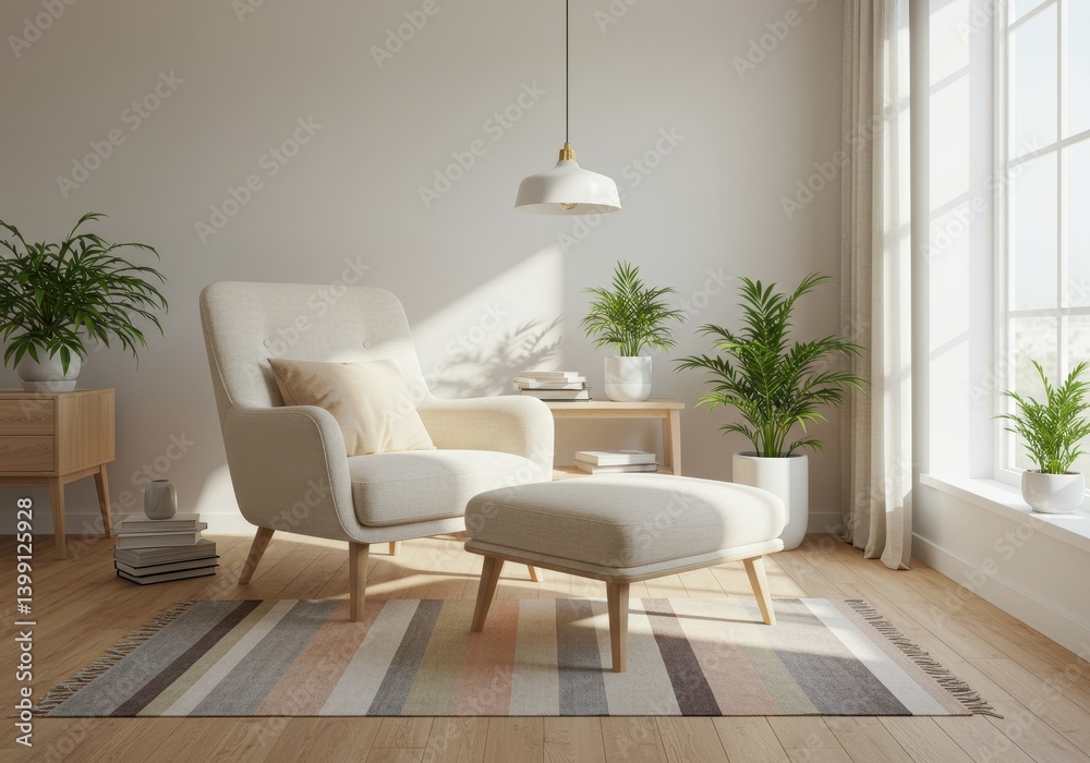 Fototapeta premium Modern minimalist living room with cream armchair, striped rug, light wood furniture, and plants in bright Scandinavian-style space