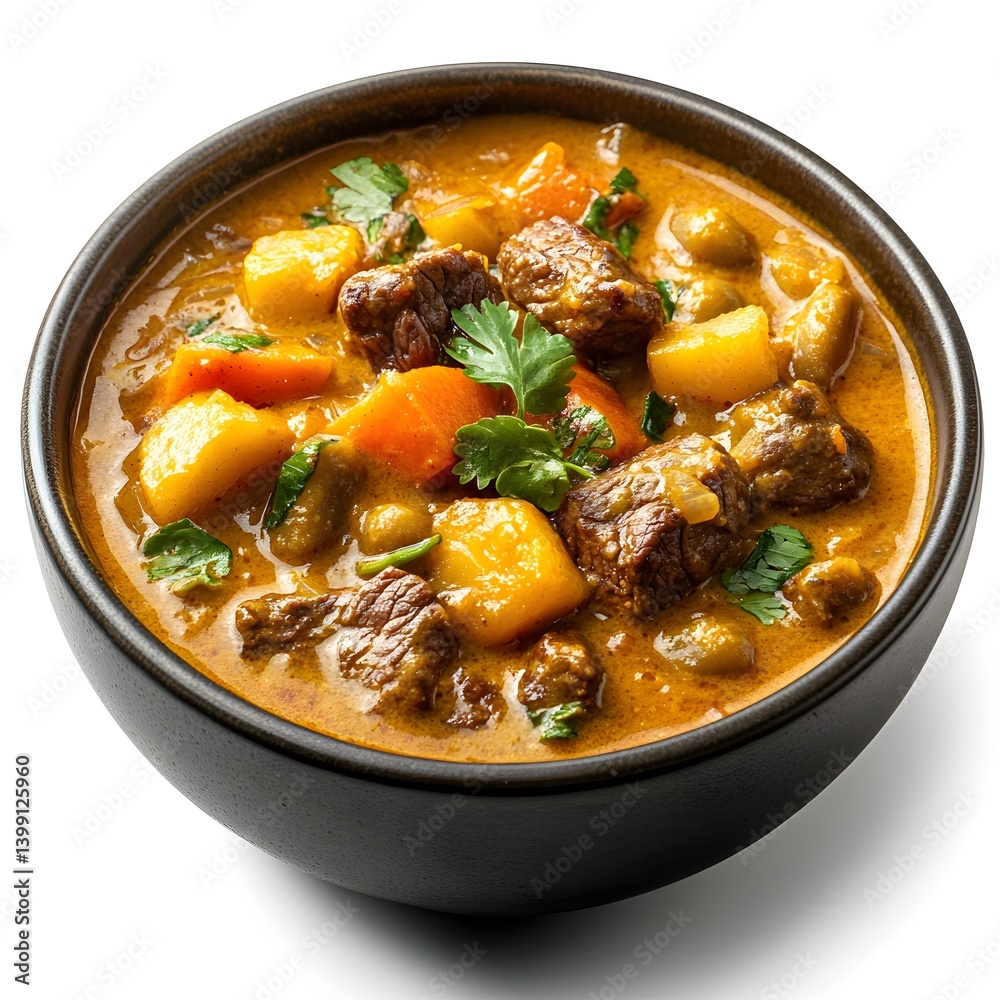 A delicious and hearty beef stew simmered in a rich creamy curry sauce with potatoes carrots and peas served in a rustic bowl.