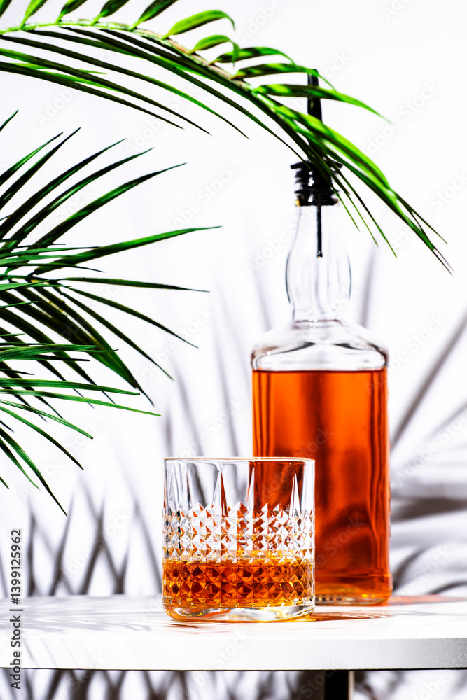 American corn bourbon whiskey in glass on white background, hard light, leaves shadows