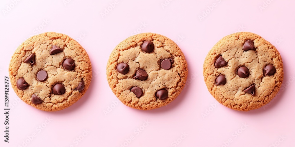 Three Delicious Chocolate Chip Cookies on Pink Three Delicious Chocolate Chip Cookies on Pink