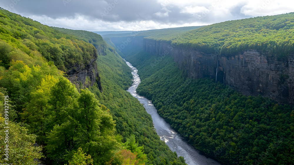 High Angle View Of Green Mountain Valley River Gorge