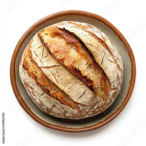 A top view of a plate of freshly baked sourdough bread, isolated on a white background 
