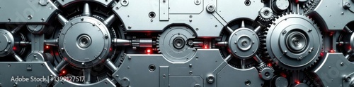 Sleek silver metallic texture with intricate robotic mechanisms and gears in motion, industrial design, gear mechanisms
