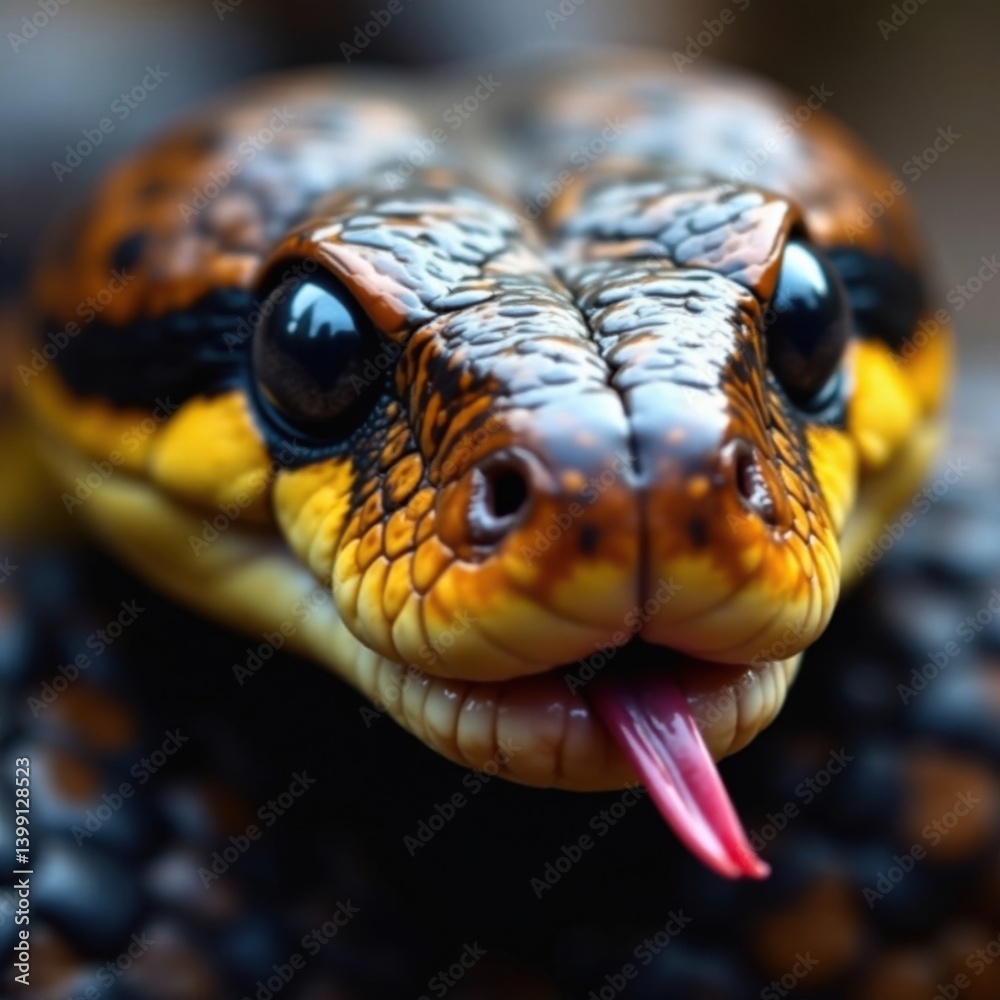 Fototapeta premium Snake's close-up face with piercing eyes and forked tongue, snake face, wildlife, blue viper