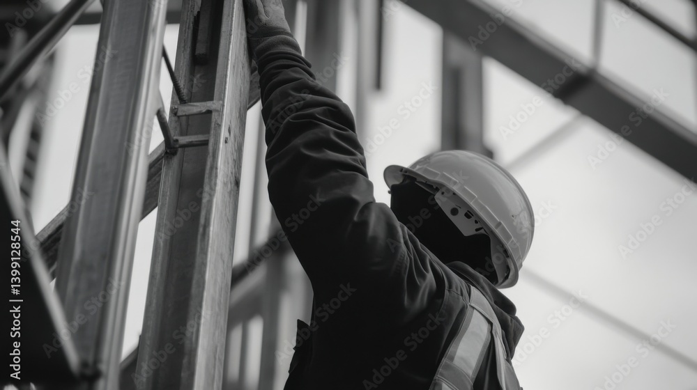 A construction site worker assembling scaffolding for height access. Featuring teamwork and structure assembly A construction site worker assembling scaffolding for height access. Featuring teamwork and structure assembly