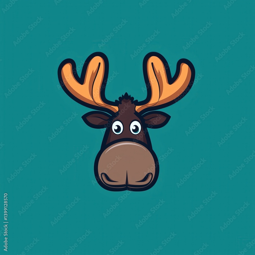 Cartoon illustration of a moose head with large expressive eyes and prominent antlers on a teal background Cartoon illustration of a moose head with large expressive eyes and prominent antlers on a teal background