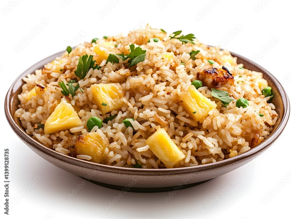 Delicious pine fried rice served in a rustic brown bowl garnished with fresh parsley, a perfect dish for a quick and healthy meal. Delicious pine fried rice served in a rustic brown bowl garnished with fresh parsley, a perfect dish for a quick and healthy meal.