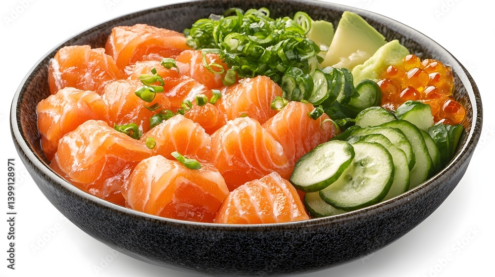 A vibrant salmon poke bowl features fresh avocado cucumber salmon cubes and tobiko against a white background. A vibrant salmon poke bowl features fresh avocado cucumber salmon cubes and tobiko against a white background.