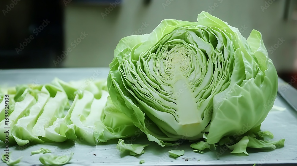 Fototapeta premium Fresh sliced green cabbage on kitchen table, healthy vegetable preparation