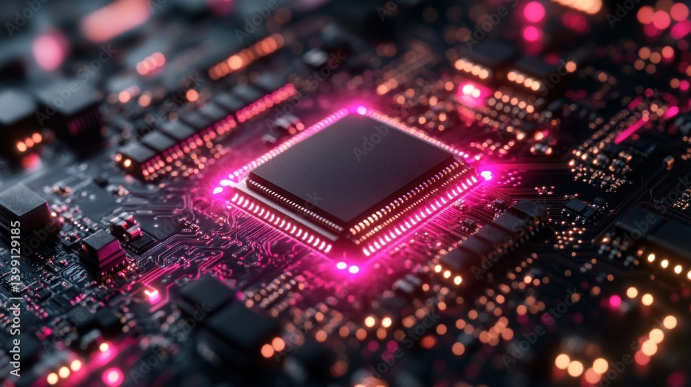 High-tech CPU on circuit board with glowing pink lights High-tech CPU on circuit board with glowing pink lights