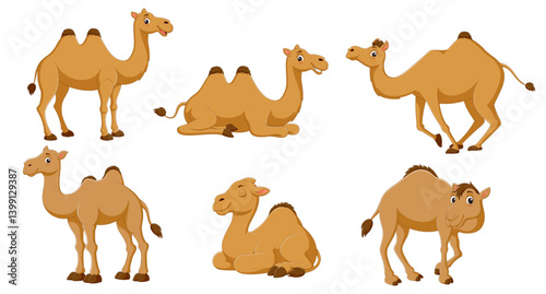 Six cartoon camels perfect for childrens book illustrations, educational materials, desertthemed designs, travel brochures, and cultural presentations.