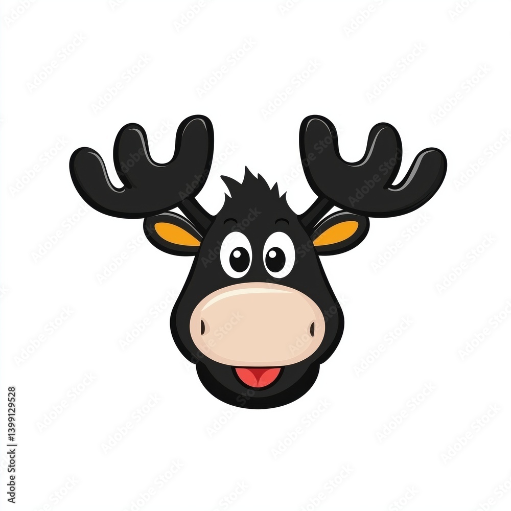 Cartoonish illustration of a moose head with dark antlers and a playful expression Cartoonish illustration of a moose head with dark antlers and a playful expression