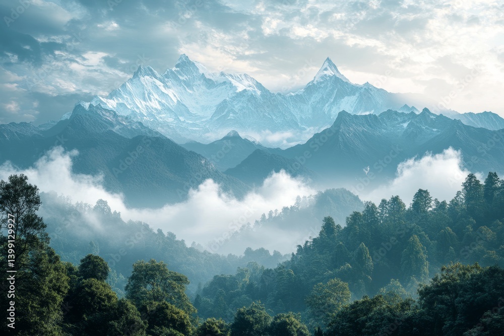 Majestic Mountain Range, Misty Valley. Lush forests cascading down to a valley veiled in a soft mist, with a majestic snow-capped mountain range piercing the clouds in the background Majestic Mountain Range, Misty Valley. Lush forests cascading down to a valley veiled in a soft mist, with a majestic snow-capped mountain range piercing the clouds in the background