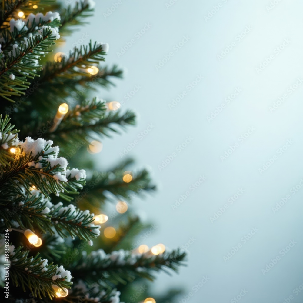 Snowy evergreen branch garland wrapped around Christmas tree, lights shining through , christmas, branches Snowy evergreen branch garland wrapped around Christmas tree, lights shining through , christmas, branches