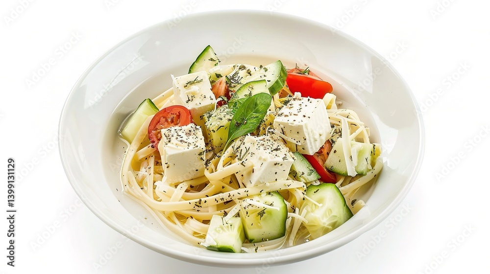 An inviting Greek salad is attractively presented. The Greek salad, a classic Mediterranean dish, features a vibrant combination of fresh ingredients An inviting Greek salad is attractively presented. The Greek salad, a classic Mediterranean dish, features a vibrant combination of fresh ingredients