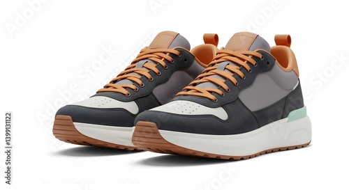 Trendy footwear design showcase of gray and orange athletic shoe concept photo