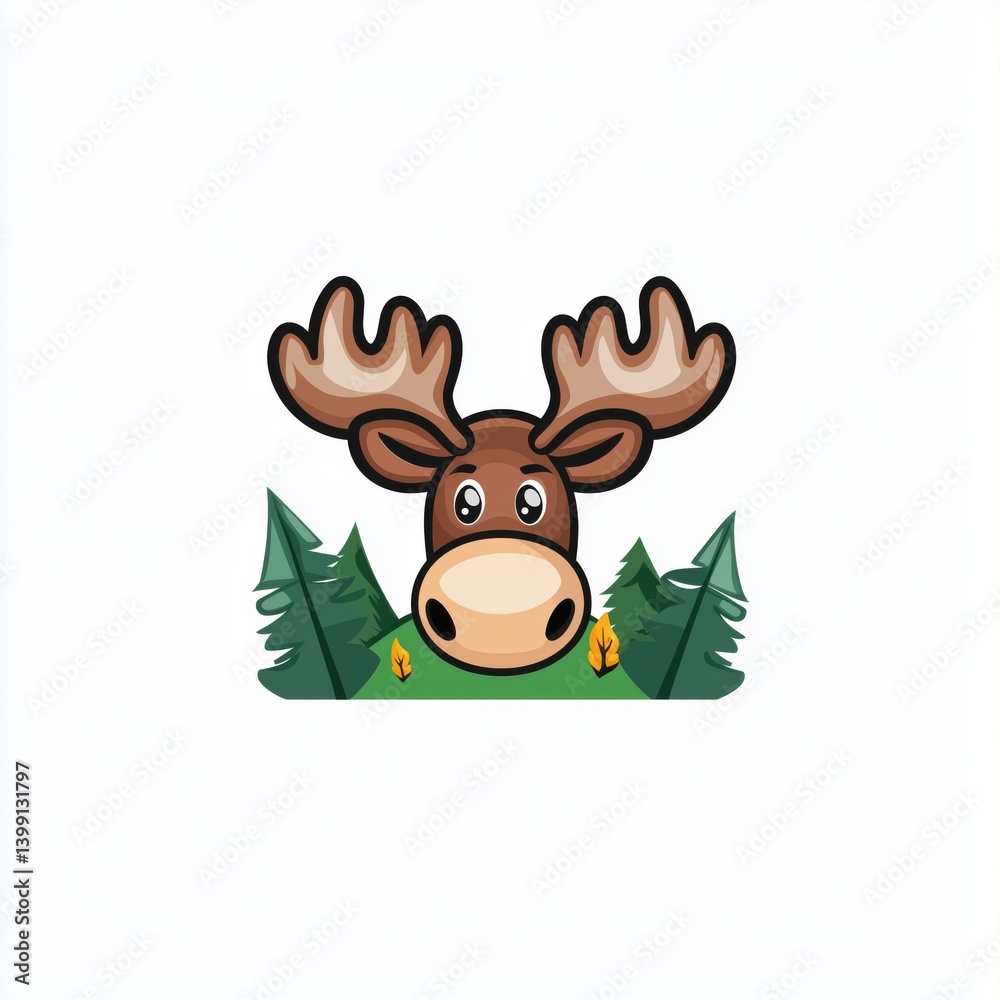 Fototapeta premium Cartoon moose head peeking over a row of autumn trees