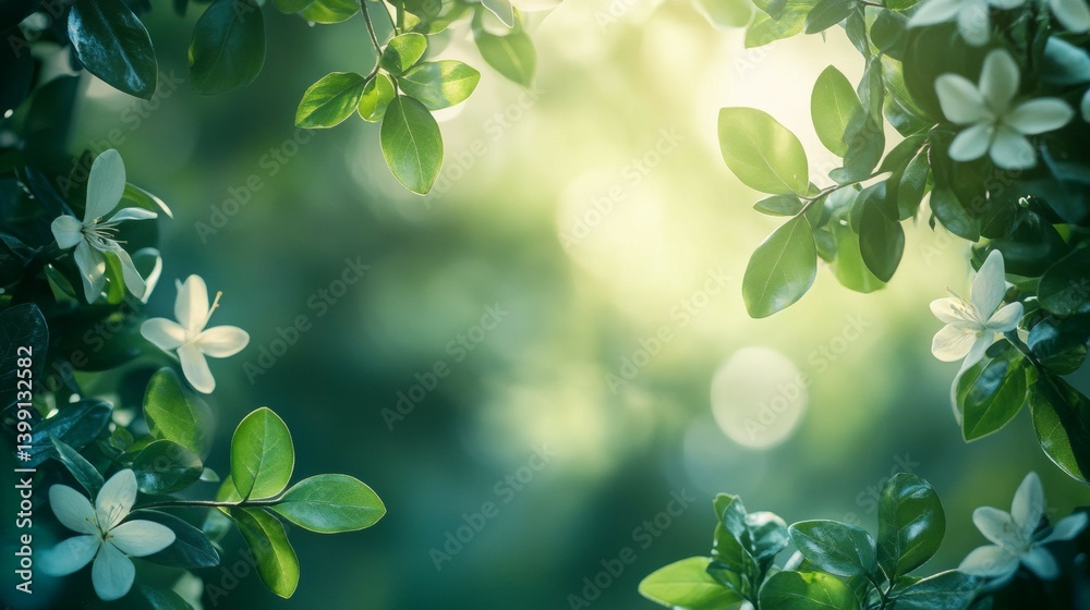 Obraz premium White Flower Blossoms with Lush Green Leaves and Bright Sunlight