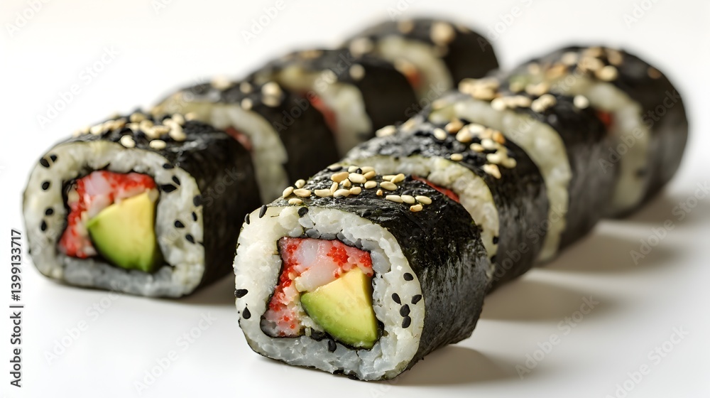 Delicious California roll sushi pieces with avocado and crab meat are artfully arranged on a white background for a culinary image. Delicious California roll sushi pieces with avocado and crab meat are artfully arranged on a white background for a culinary image.